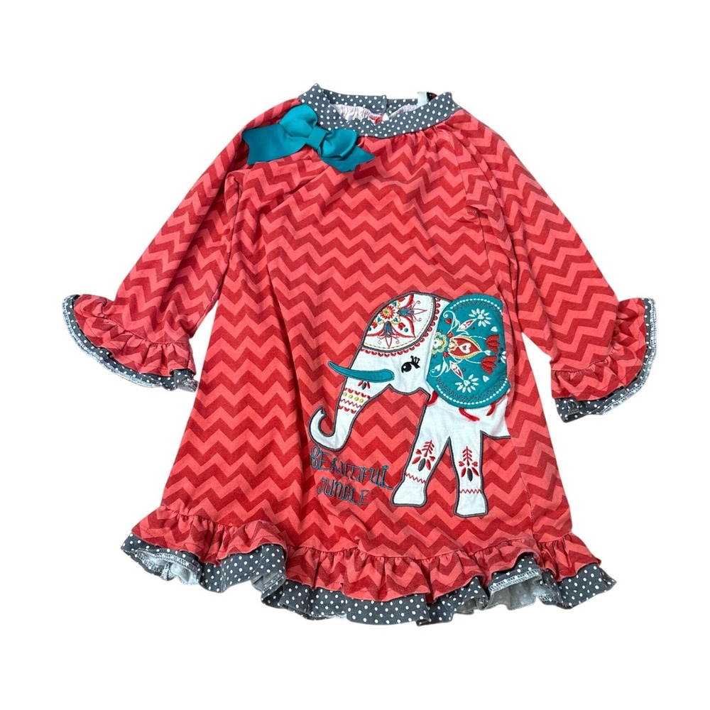 Counting Daisies Elephant Dress Kids Red Chevron Ruffle Boho SIZE 5/6